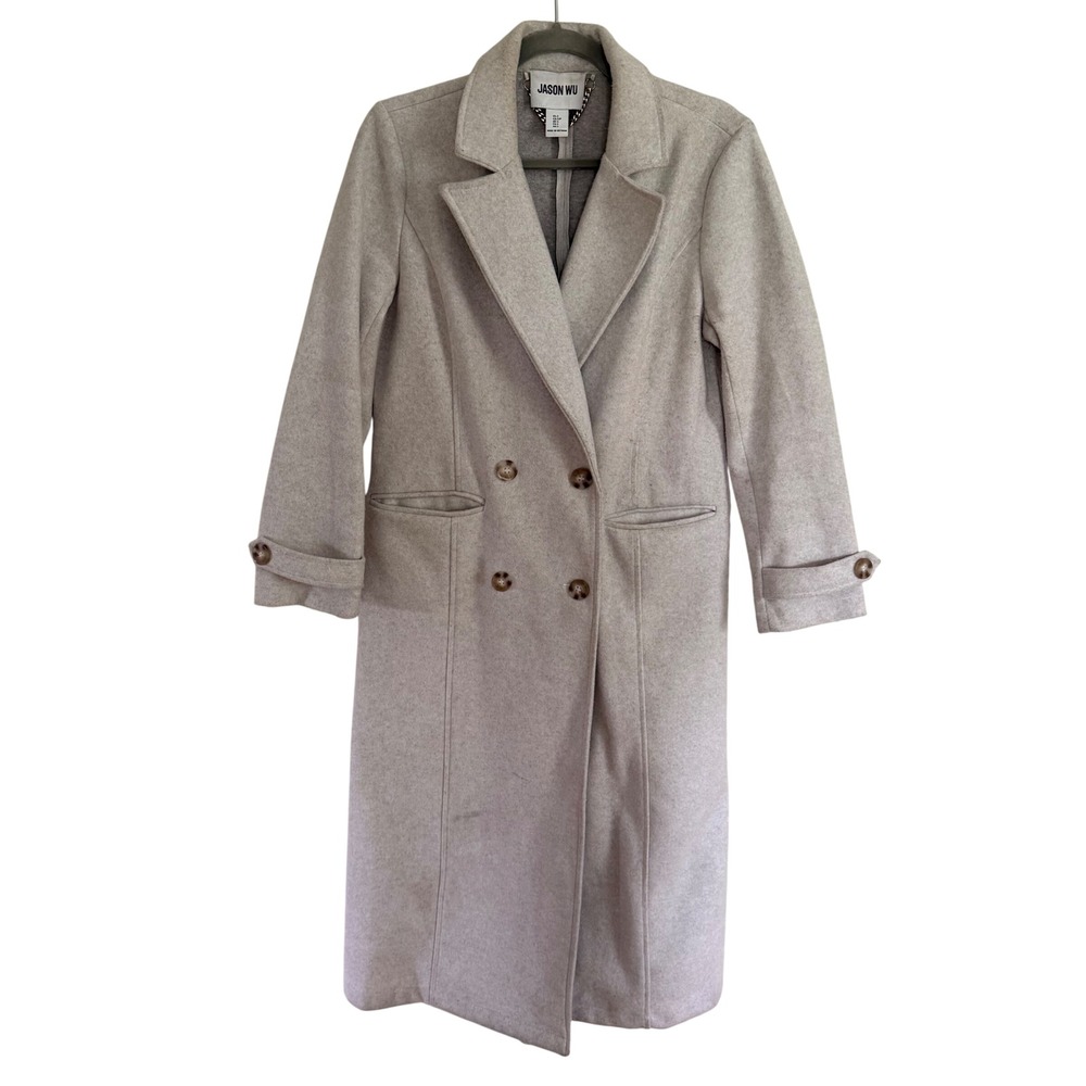 Jason Wu Oatmeal Grey Double Breasted Longline Trench Overcoat Size Small‎